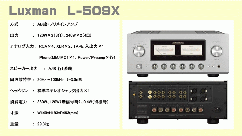 Luxman L509Xプリメインアンプ 音質 比較 試聴 レビューのページです 